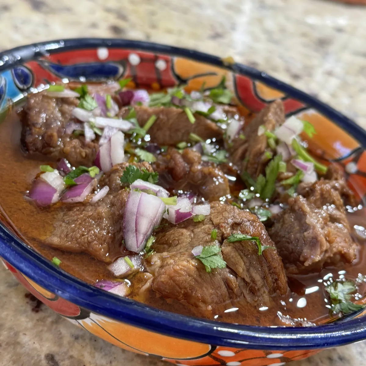 A bowl of birria with onion and cilantro